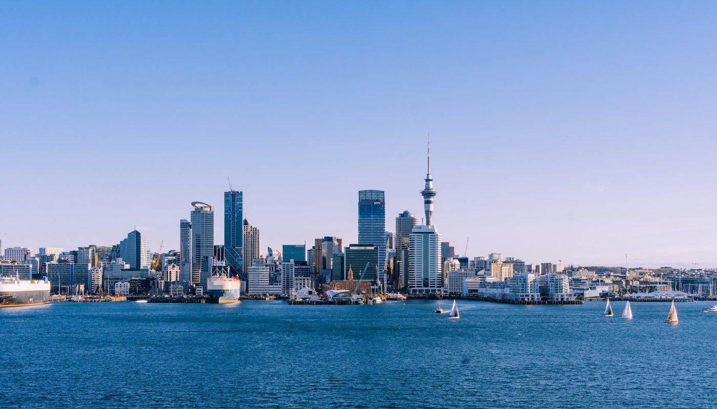 The Auckland city skyline and harbour on a clear day