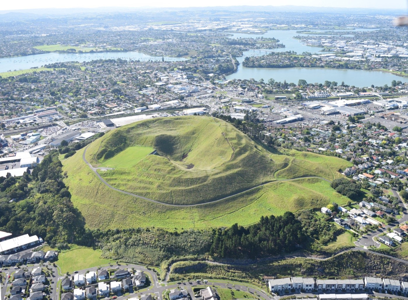 Aerial view of the Maungarei / Mount Wellington cone showing terracing and craters, 2018