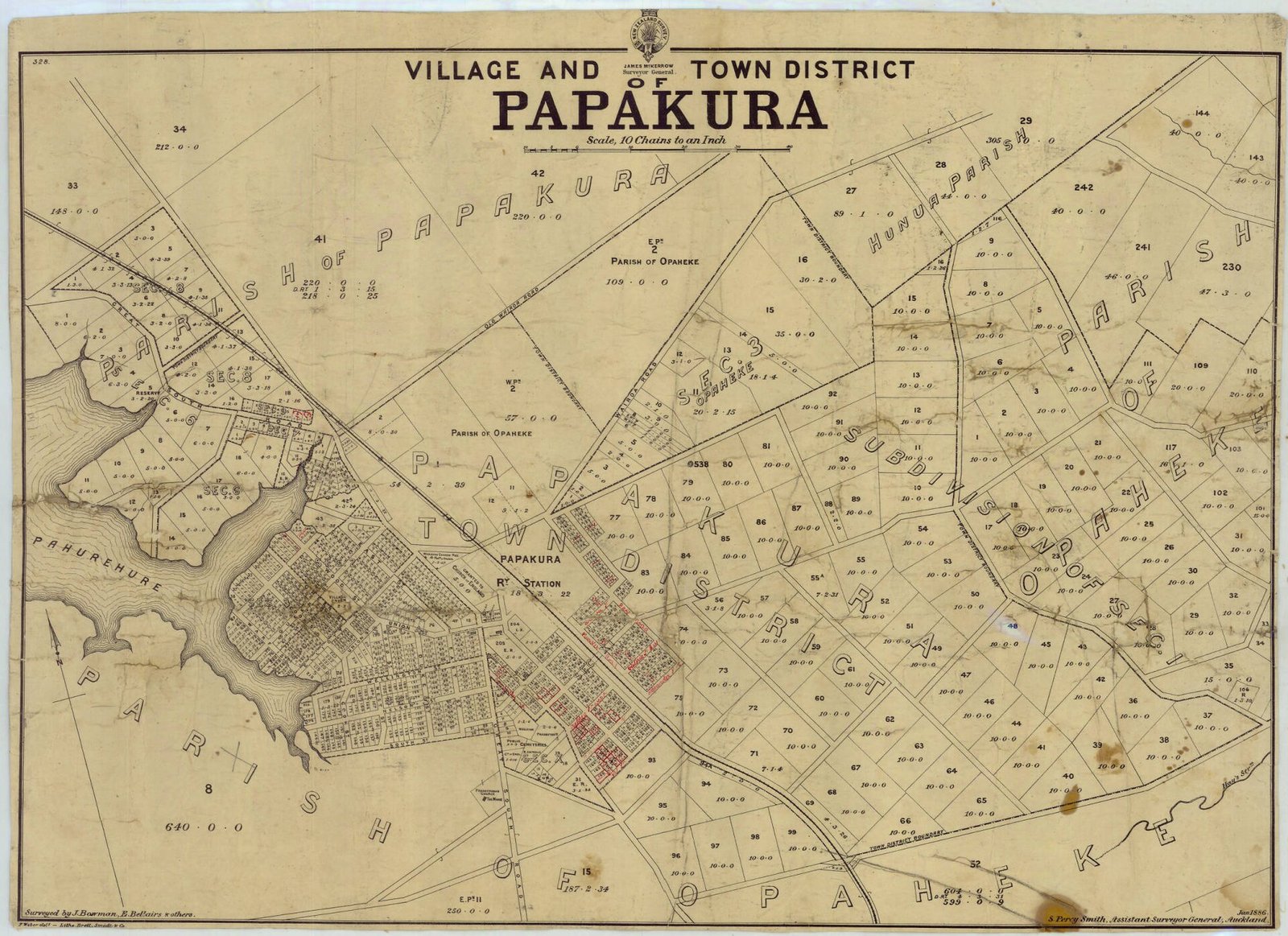 Village and Town District of Papakura, 1882 survey map